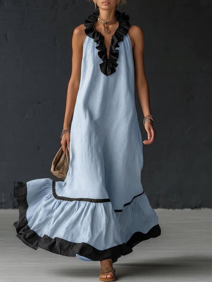 Woman wearing ruffled color-block maxi dress outdoors