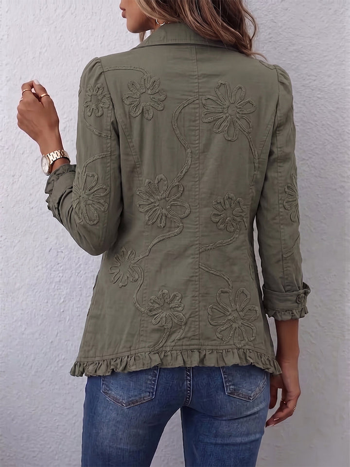 Women's green floral embroidered jacket with ruffle trim detail