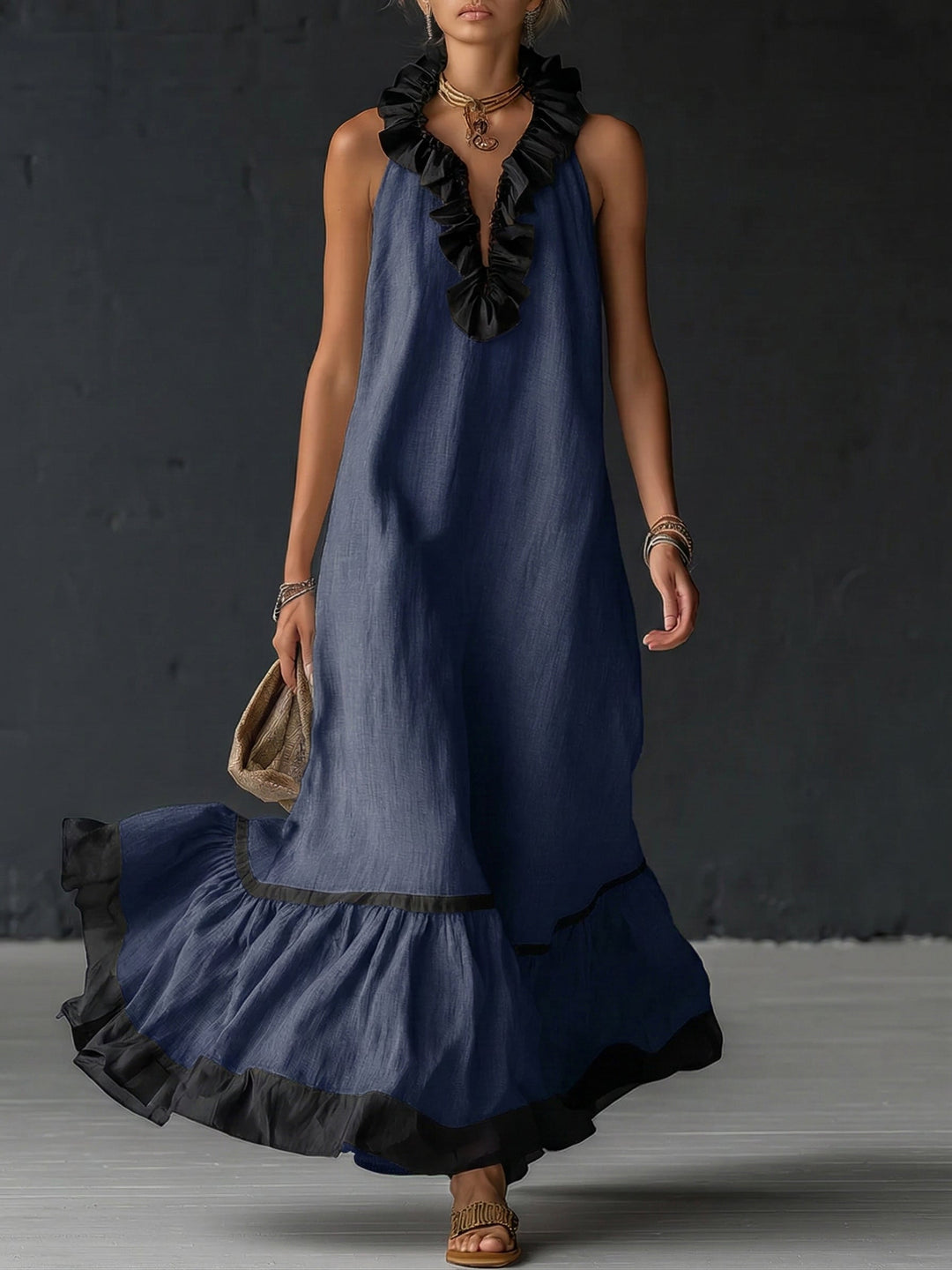 Woman wearing ruffled color-block maxi dress outdoors