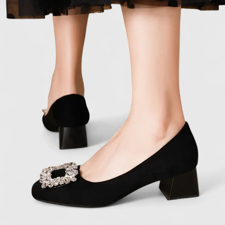 Honorine | Women's Rhinestone Square-Toe Block-Heel Buckle Pumps
