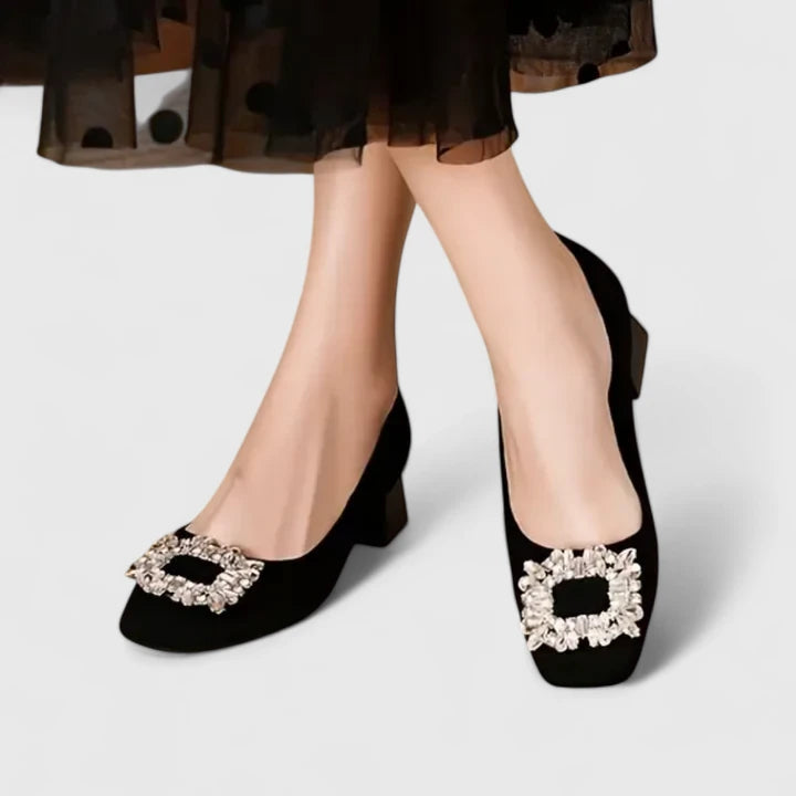 Honorine | Women's Rhinestone Square-Toe Block-Heel Buckle Pumps