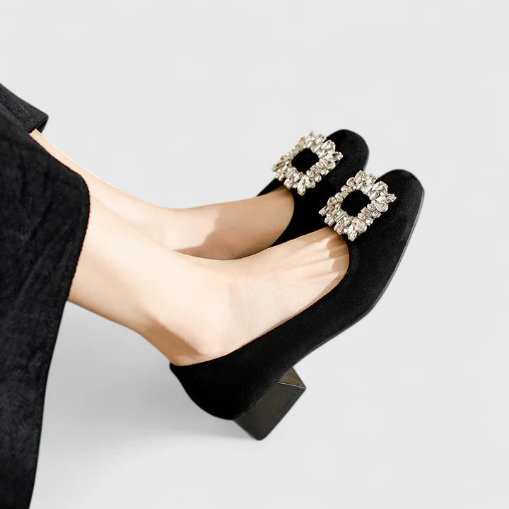 Honorine | Women's Rhinestone Square-Toe Block-Heel Buckle Pumps