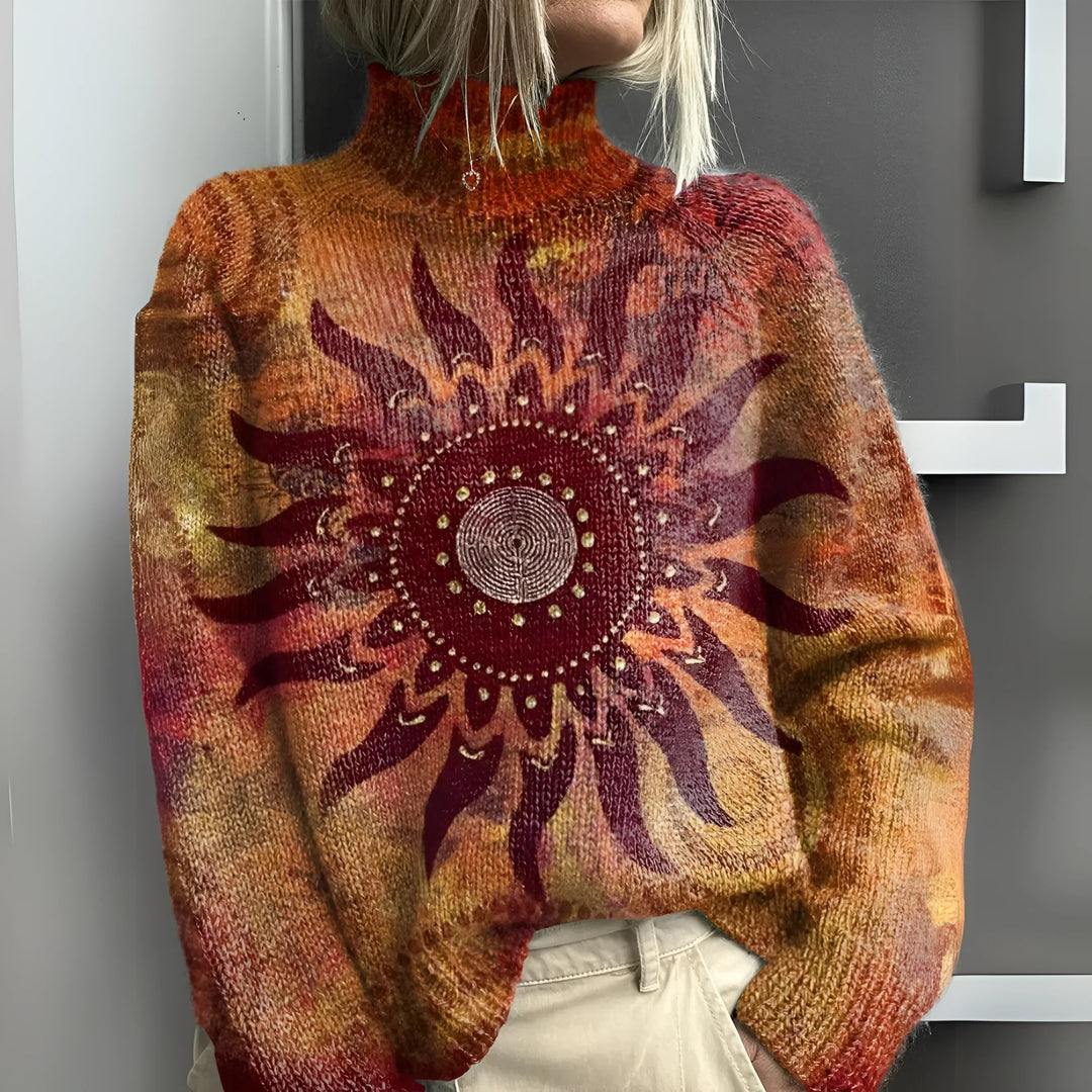 C&M® - Warmer Knit Turtleneck Sweater with Tribal Sun Motif