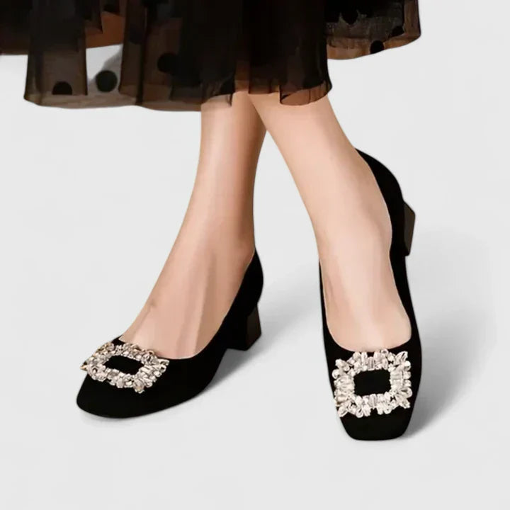 Haidee | Women's Embellished Square-Toe Block-Heel Buckle Pumps