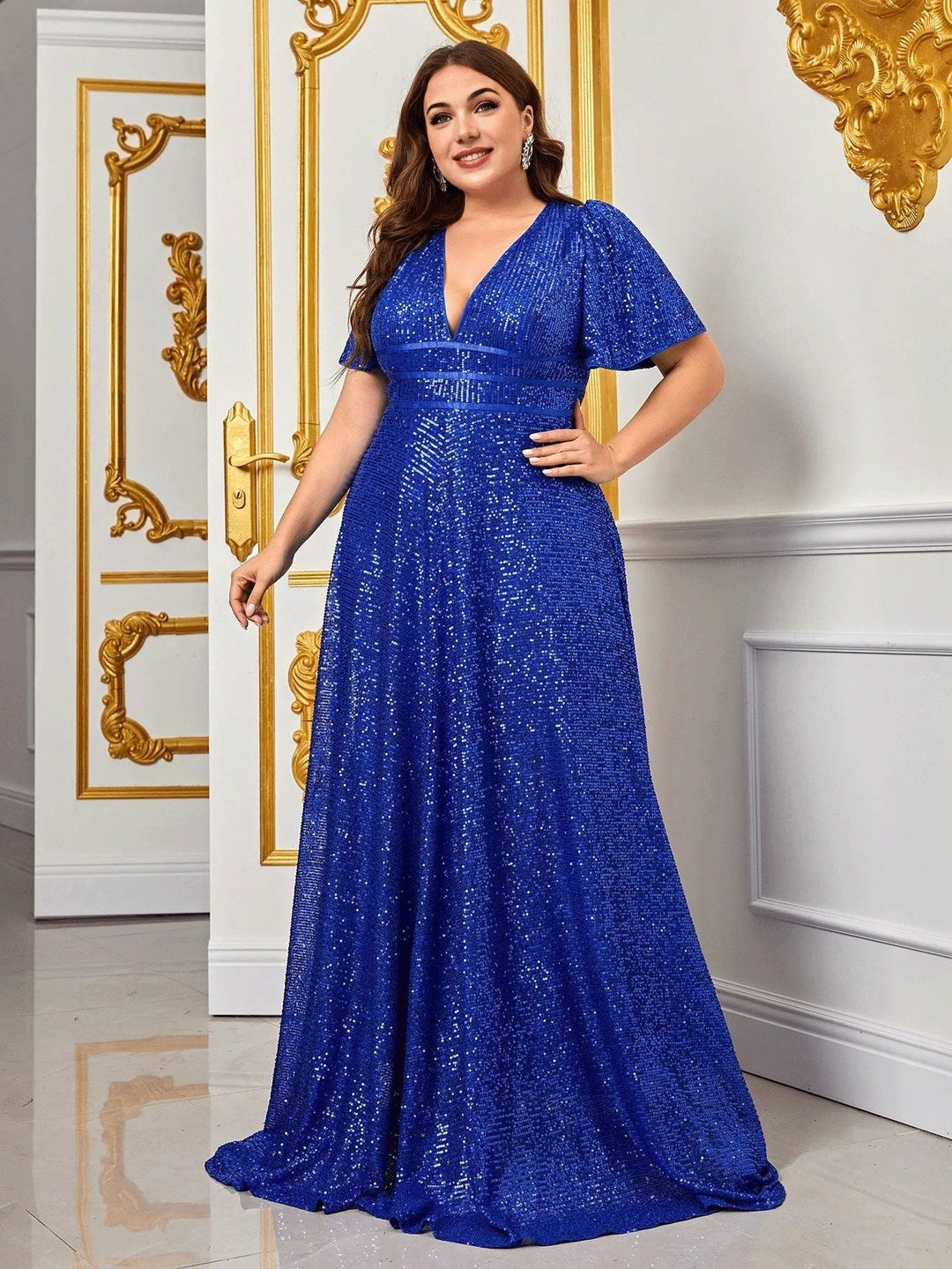 Maude | Women's Sequin V-Neck Short-Sleeve Maxi Dress