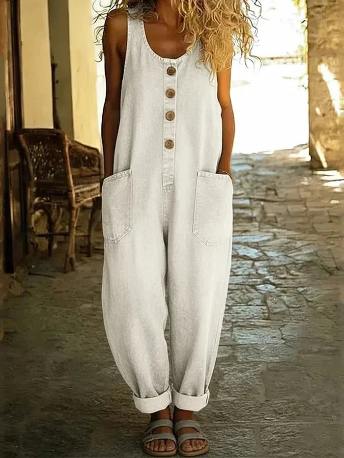 Woman wearing wide leg jumpsuit with adjustable straps