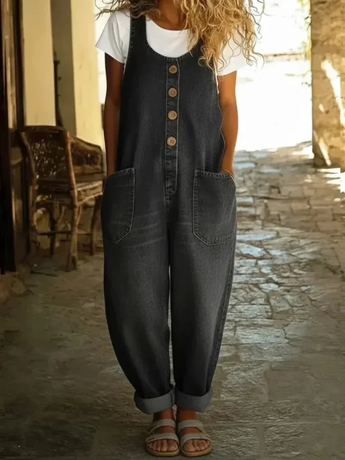 Woman wearing wide leg jumpsuit with adjustable straps