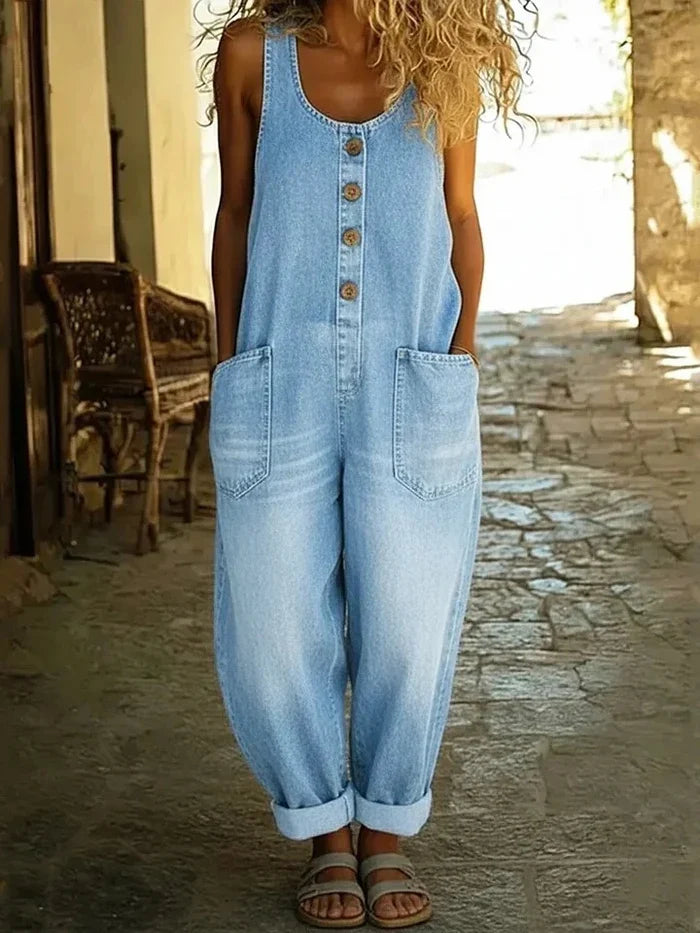 Woman wearing wide leg jumpsuit with adjustable straps