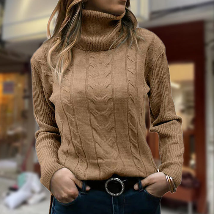 Maybelle | Women's Cable-Knit Turtleneck Long-Sleeve Fitted Sweatshirt