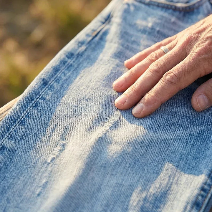 Woman wearing cropped straight leg jeans in blue