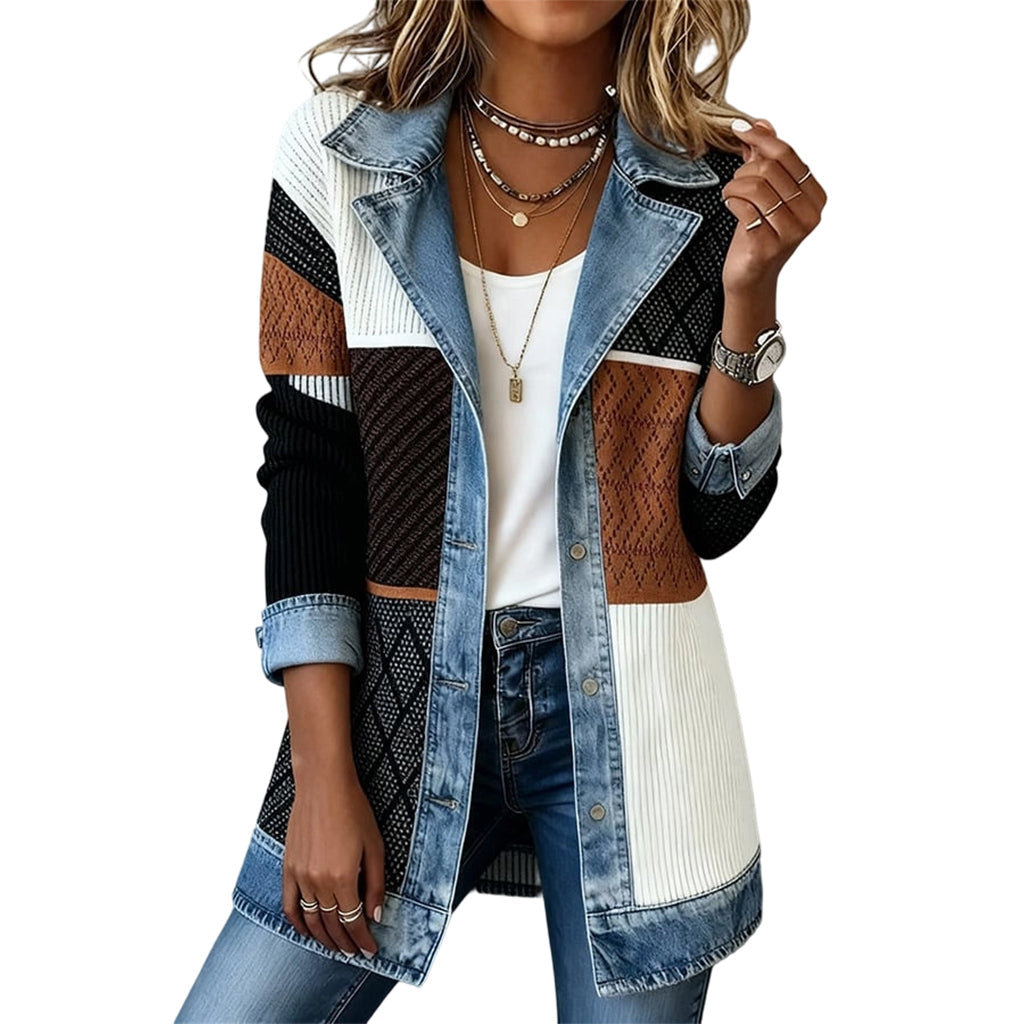 Women's ribbed knit and denim patchwork longline jacket