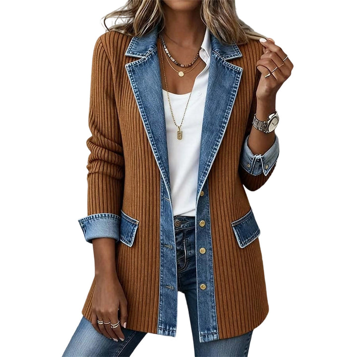 Women's ribbed knit and denim patchwork longline jacket