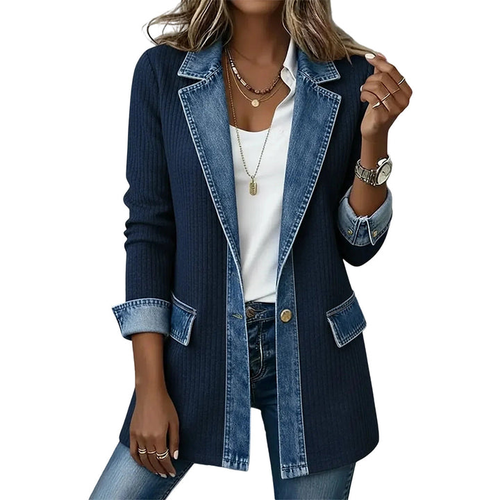 Women's ribbed knit and denim patchwork longline jacket