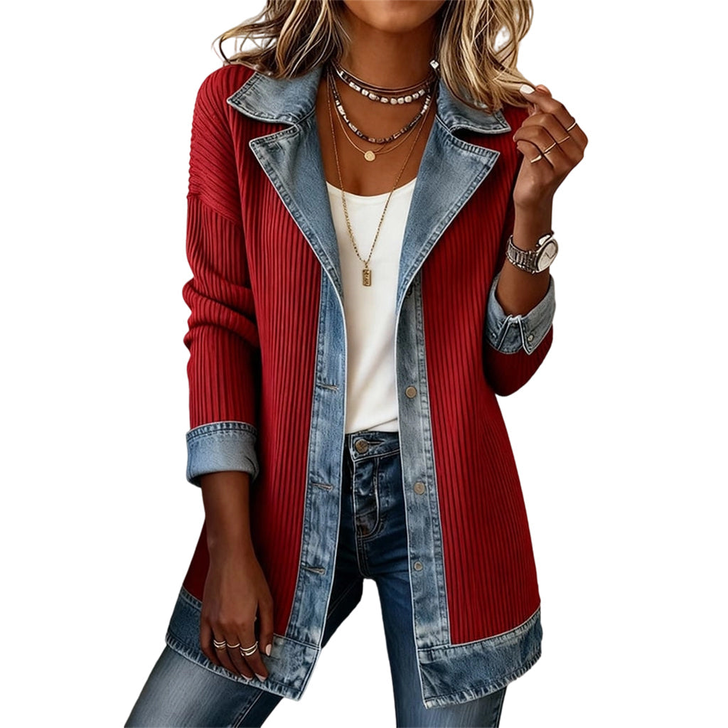 Women's ribbed knit and denim patchwork longline jacket