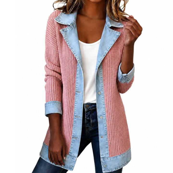 Women's ribbed knit and denim patchwork longline jacket