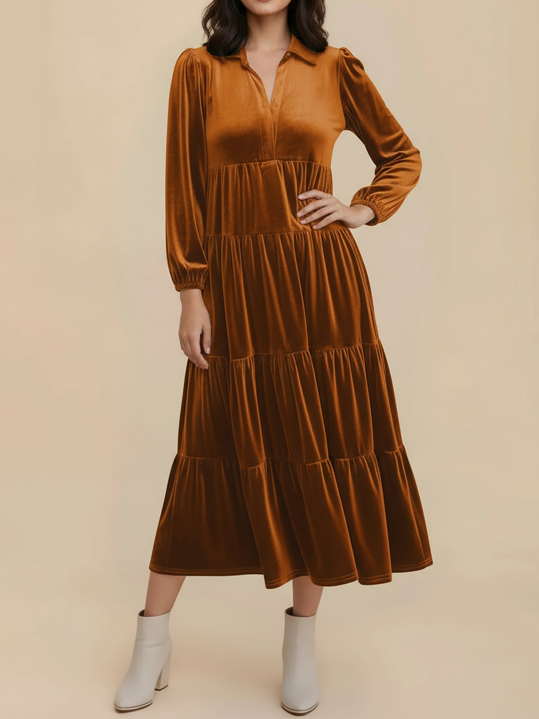 Adele | Women's Velvet Tiered Long-Sleeve Midi Dress
