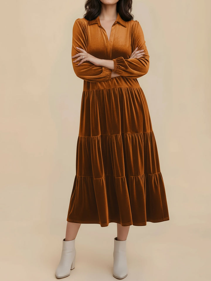 Adele | Women's Velvet Tiered Long-Sleeve Midi Dress