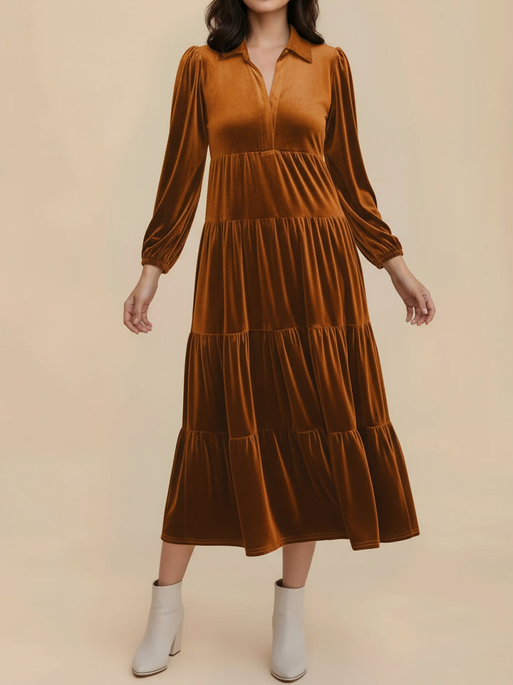 Adele | Women's Velvet Tiered Long-Sleeve Midi Dress