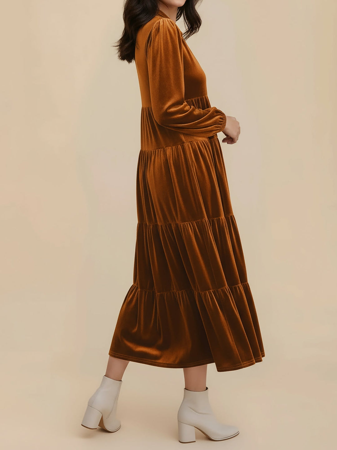 Adele | Women's Velvet Tiered Long-Sleeve Midi Dress