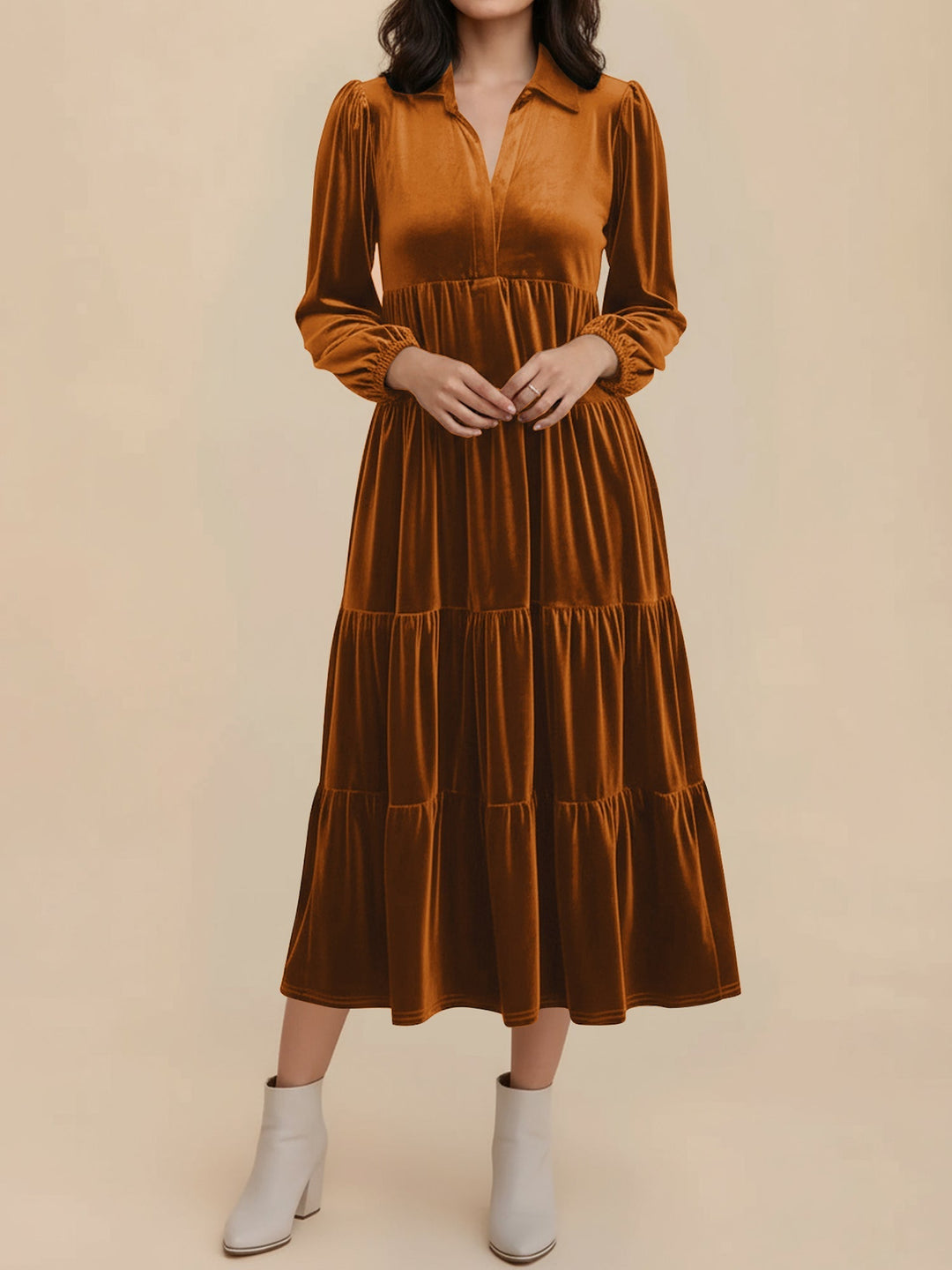 Adele | Women's Velvet Tiered Long-Sleeve Midi Dress