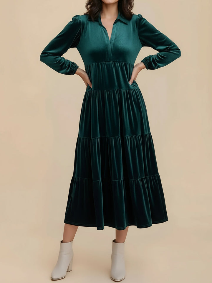 Adele | Women's Velvet Tiered Long-Sleeve Midi Dress