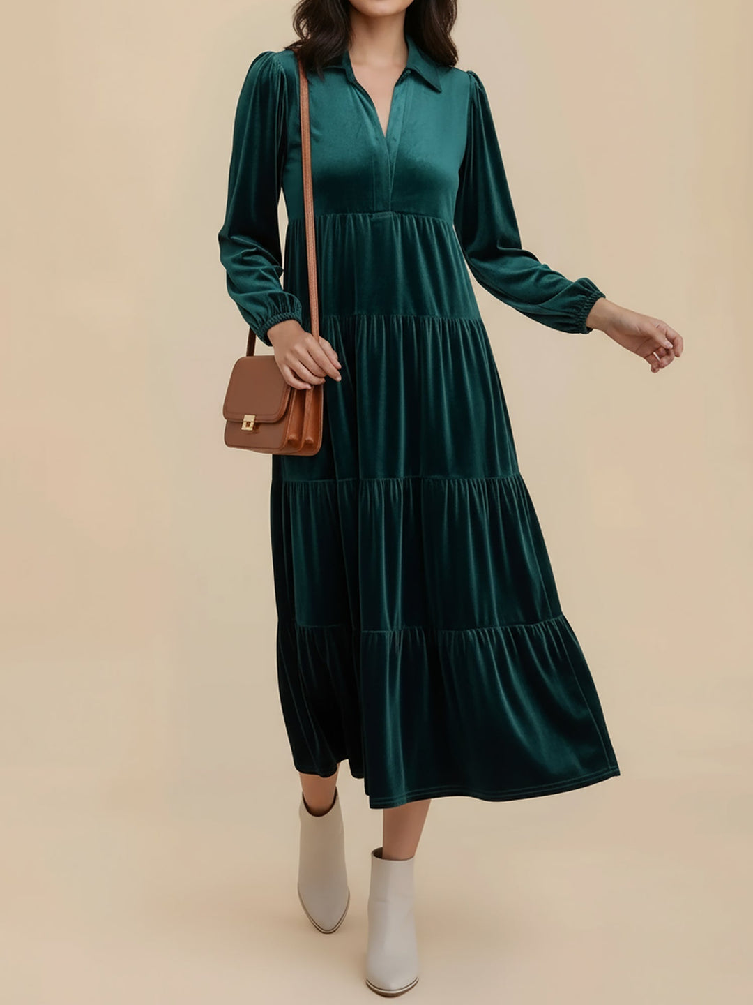 Adele | Women's Velvet Tiered Long-Sleeve Midi Dress