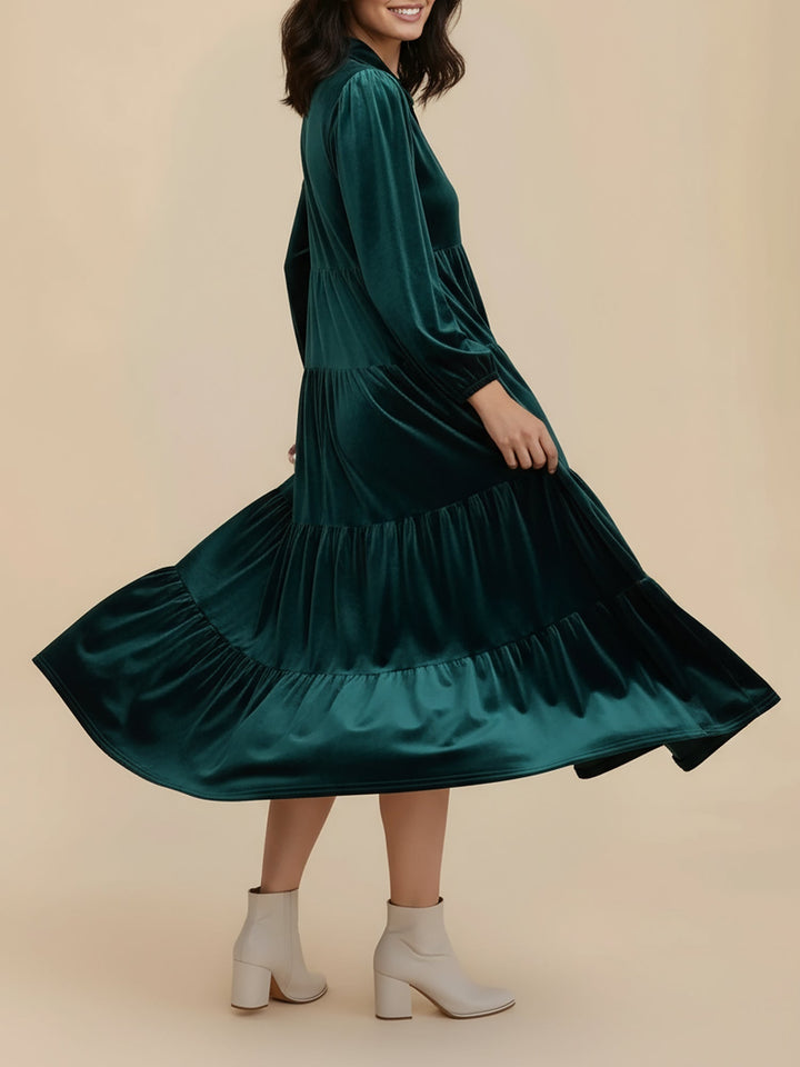 Adele | Women's Velvet Tiered Long-Sleeve Midi Dress
