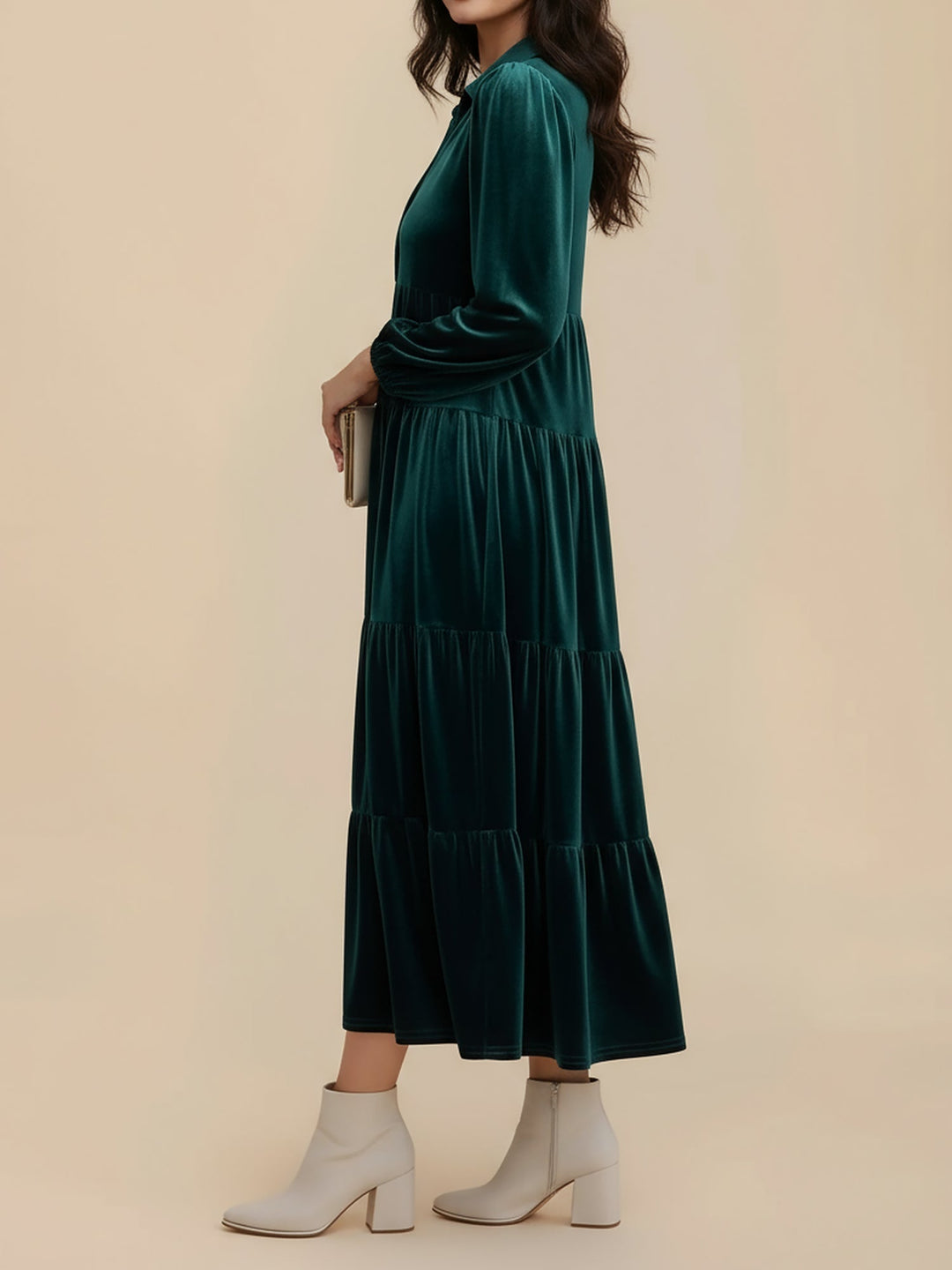 Adele | Women's Velvet Tiered Long-Sleeve Midi Dress