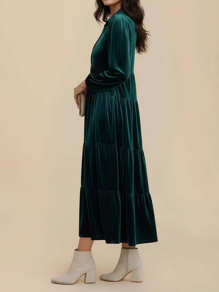 Adele | Women's Velvet Tiered Long-Sleeve Midi Dress