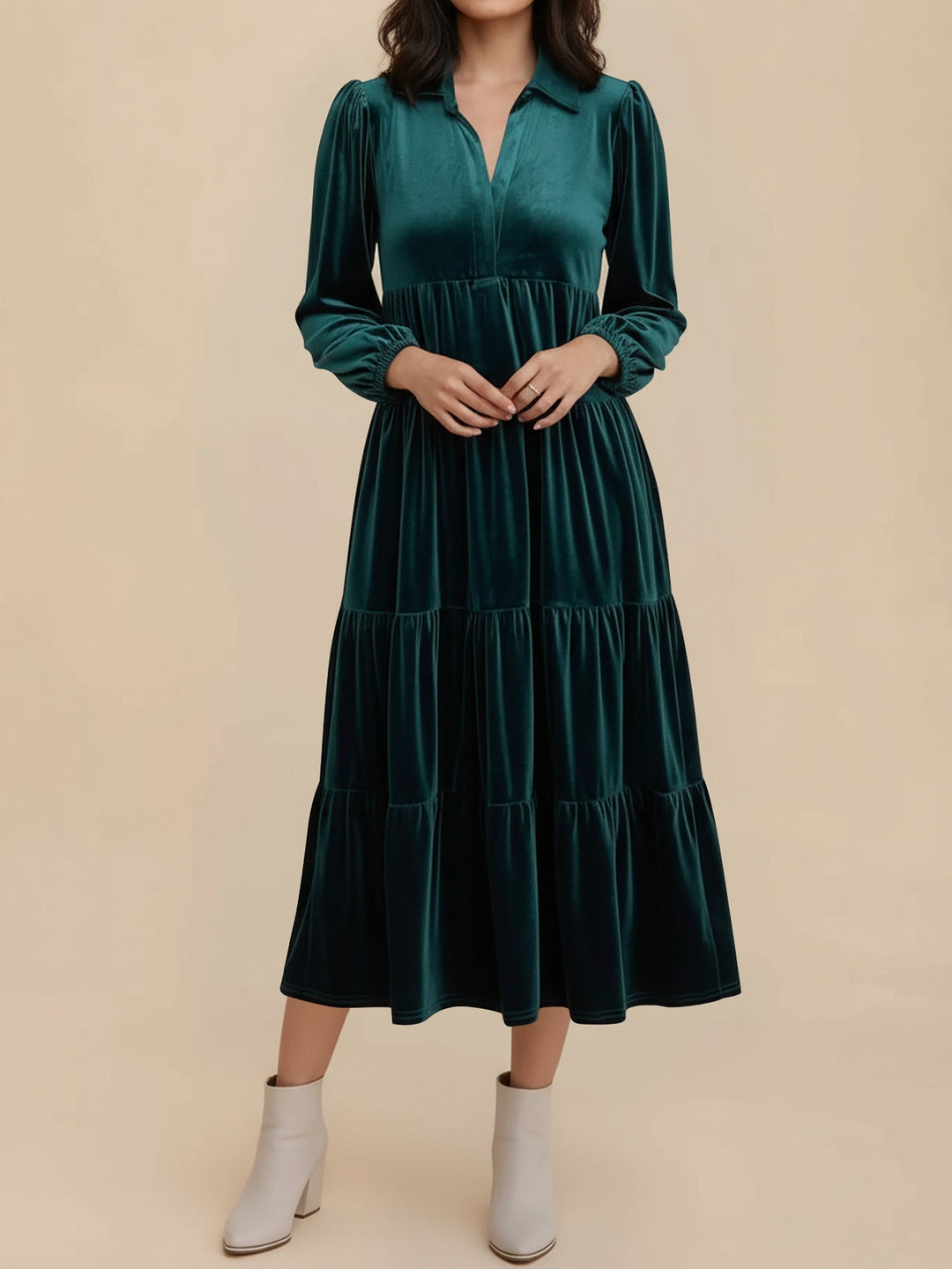 Adele | Women's Velvet Tiered Long-Sleeve Midi Dress