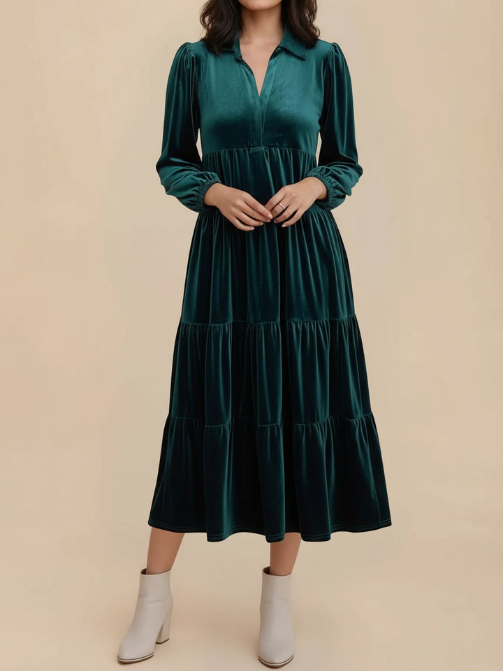 Adele | Women's Velvet Tiered Long-Sleeve Midi Dress