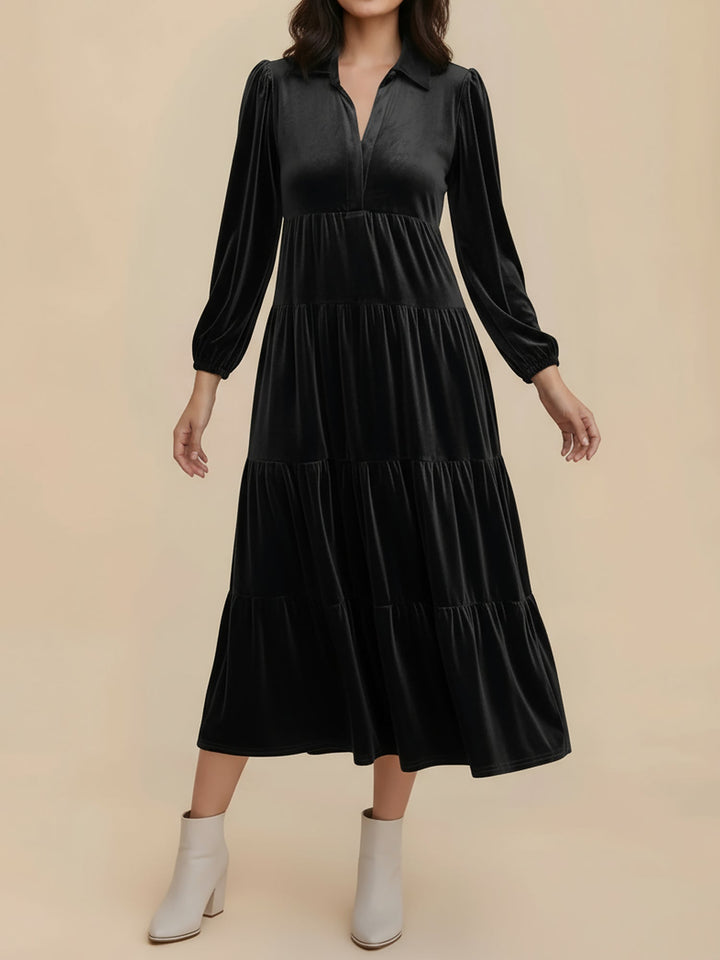 Adele | Women's Velvet Tiered Long-Sleeve Midi Dress