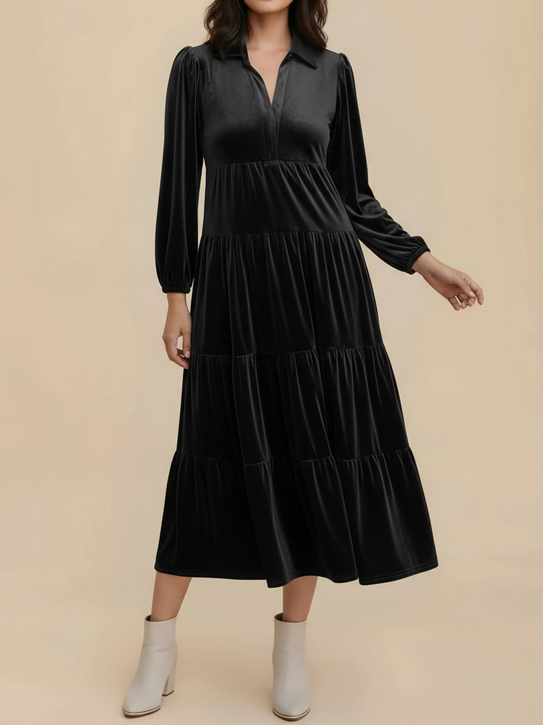 Adele | Women's Velvet Tiered Long-Sleeve Midi Dress