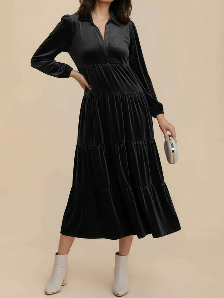 Adele | Women's Velvet Tiered Long-Sleeve Midi Dress