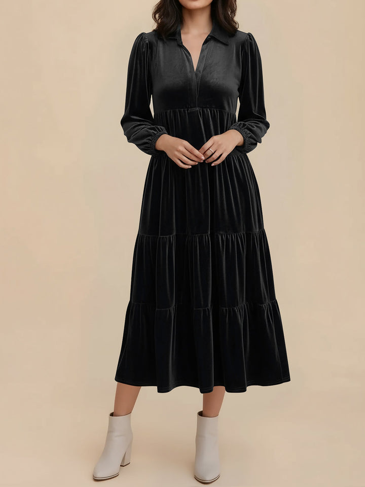 Adele | Women's Velvet Tiered Long-Sleeve Midi Dress