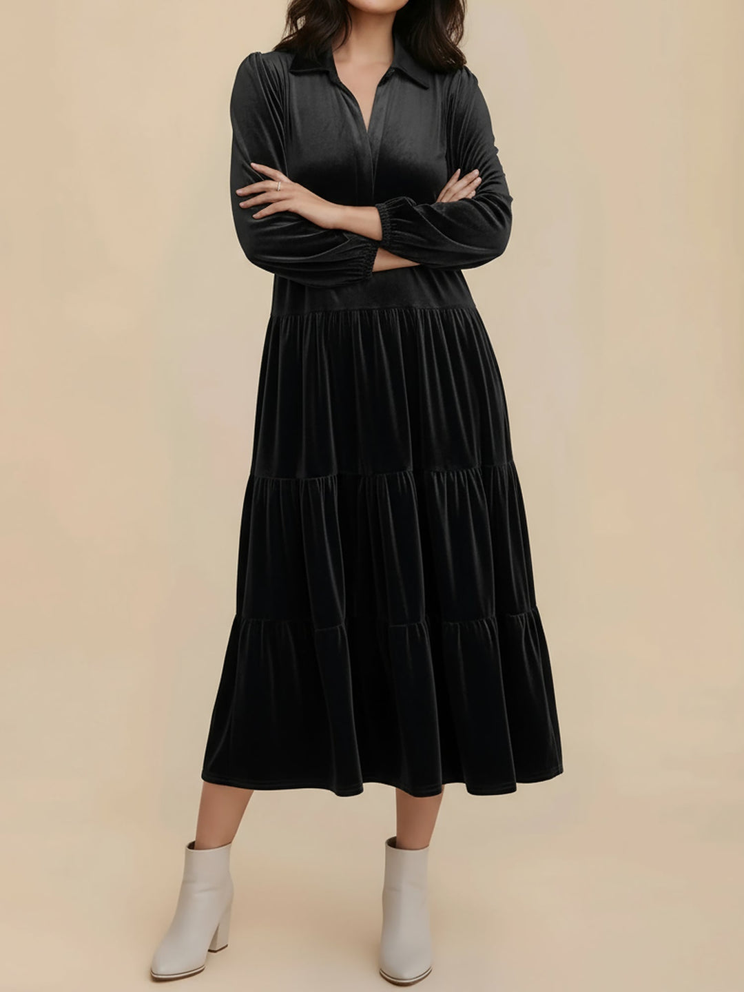 Adele | Women's Velvet Tiered Long-Sleeve Midi Dress