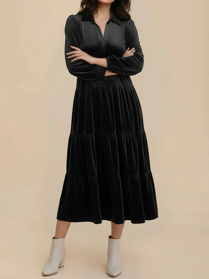 Adele | Women's Velvet Tiered Long-Sleeve Midi Dress