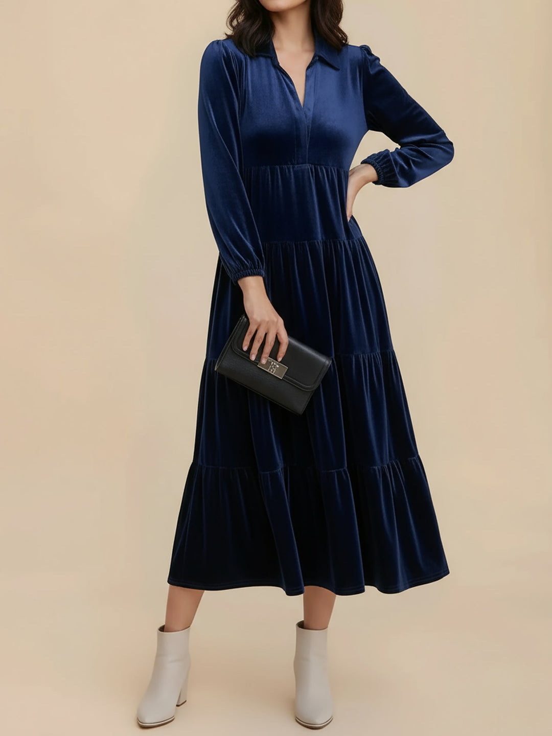 Adele | Women's Velvet Tiered Long-Sleeve Midi Dress