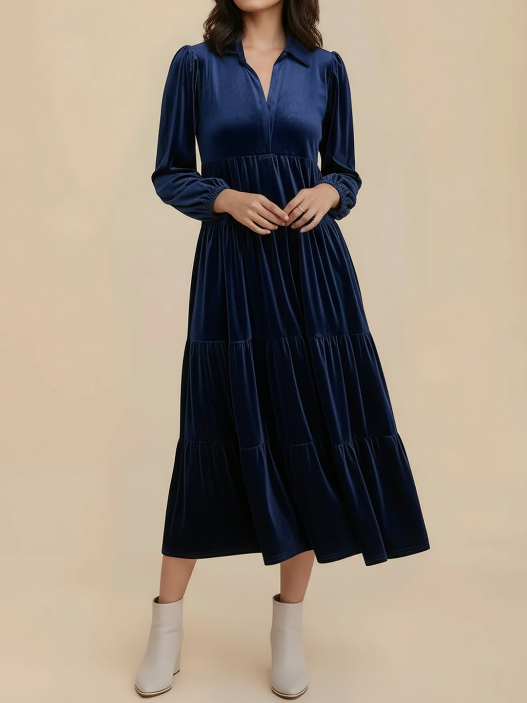Adele | Women's Velvet Tiered Long-Sleeve Midi Dress