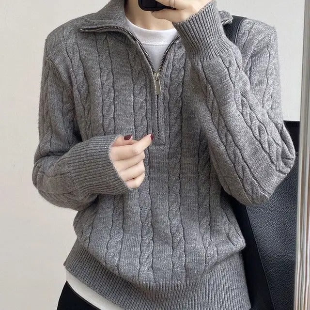 Marigold | Women's Cable-Knit Zip-Front Funnel-Neck Cropped Sweater