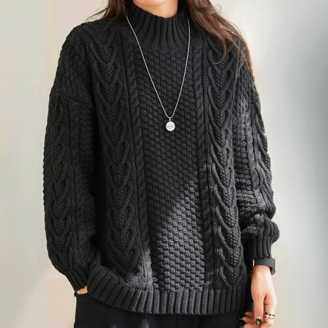 Margarethe | Women's Cable-Knit Mock-Neck Long-Sleeve Relaxed Cardigan