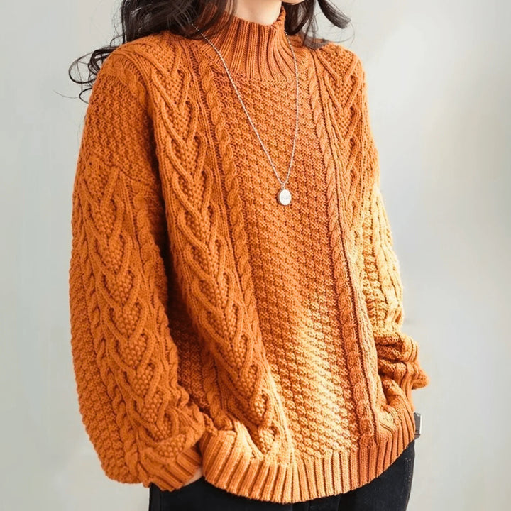 Margarethe | Women's Cable-Knit Mock-Neck Long-Sleeve Relaxed Cardigan
