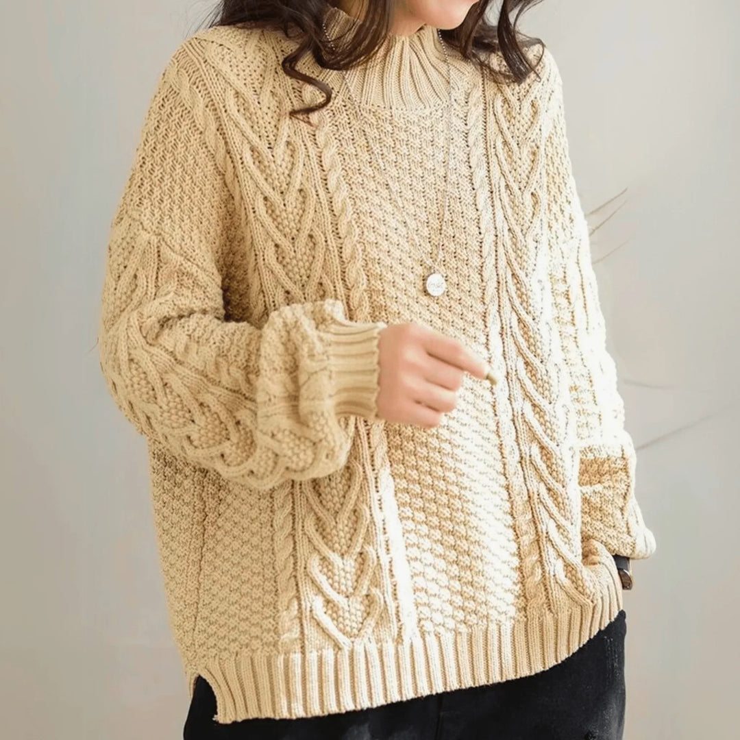 Margarethe | Women's Cable-Knit Mock-Neck Long-Sleeve Relaxed Cardigan