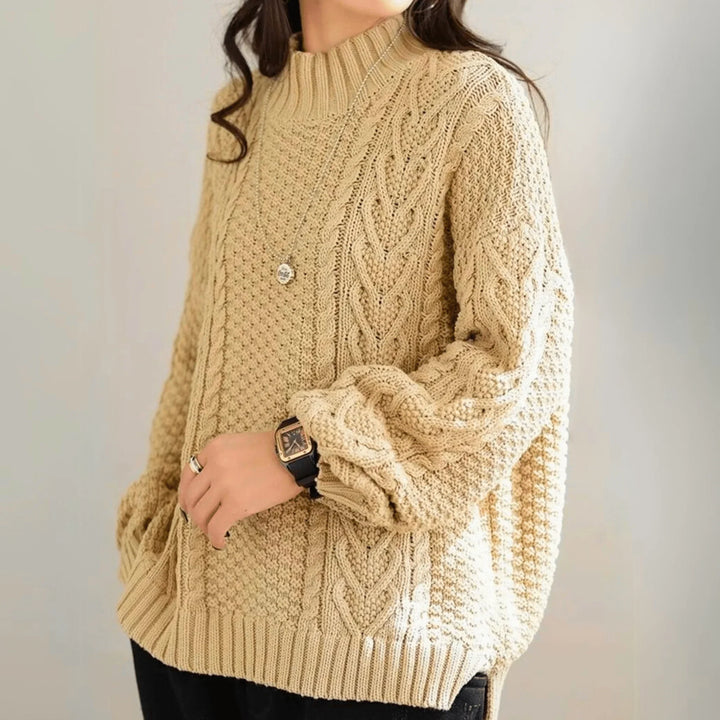 Margarethe | Women's Cable-Knit Mock-Neck Long-Sleeve Relaxed Cardigan