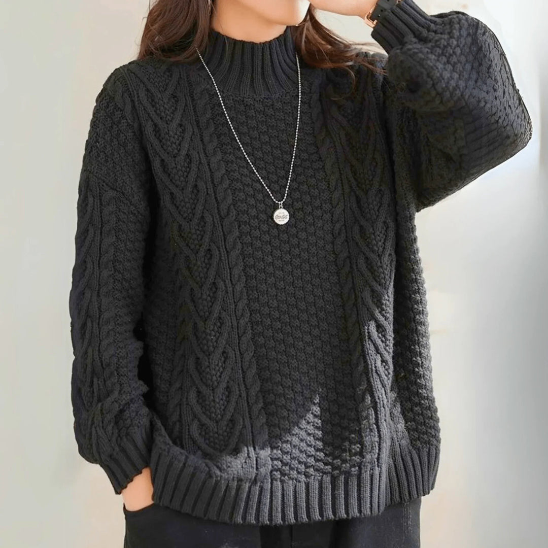 Margarethe | Women's Cable-Knit Mock-Neck Long-Sleeve Relaxed Cardigan