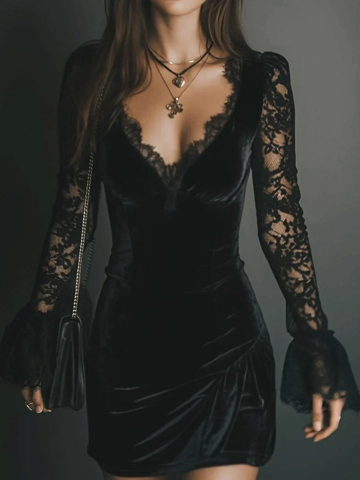 Valentine | Women's Velvet V-Neck Long-Sleeve Mini Dress