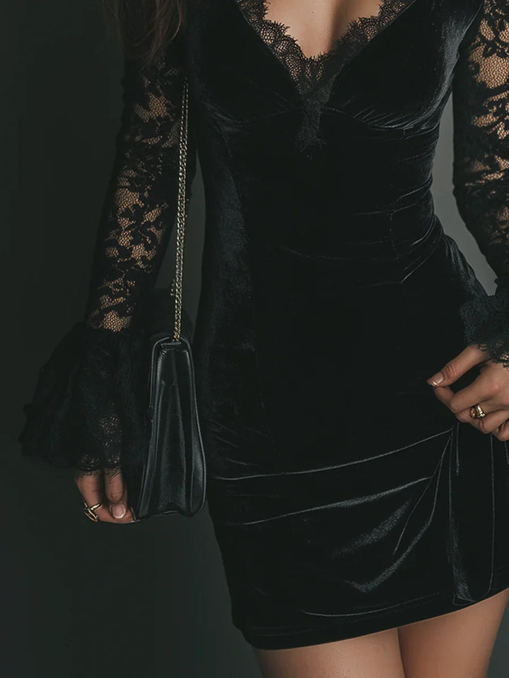 Valentine | Women's Velvet V-Neck Long-Sleeve Mini Dress