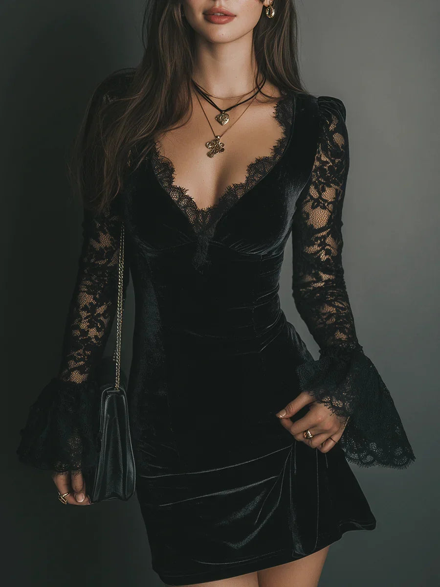 Florentine | Women's Velvet Ruched V-Neck Mini Dress