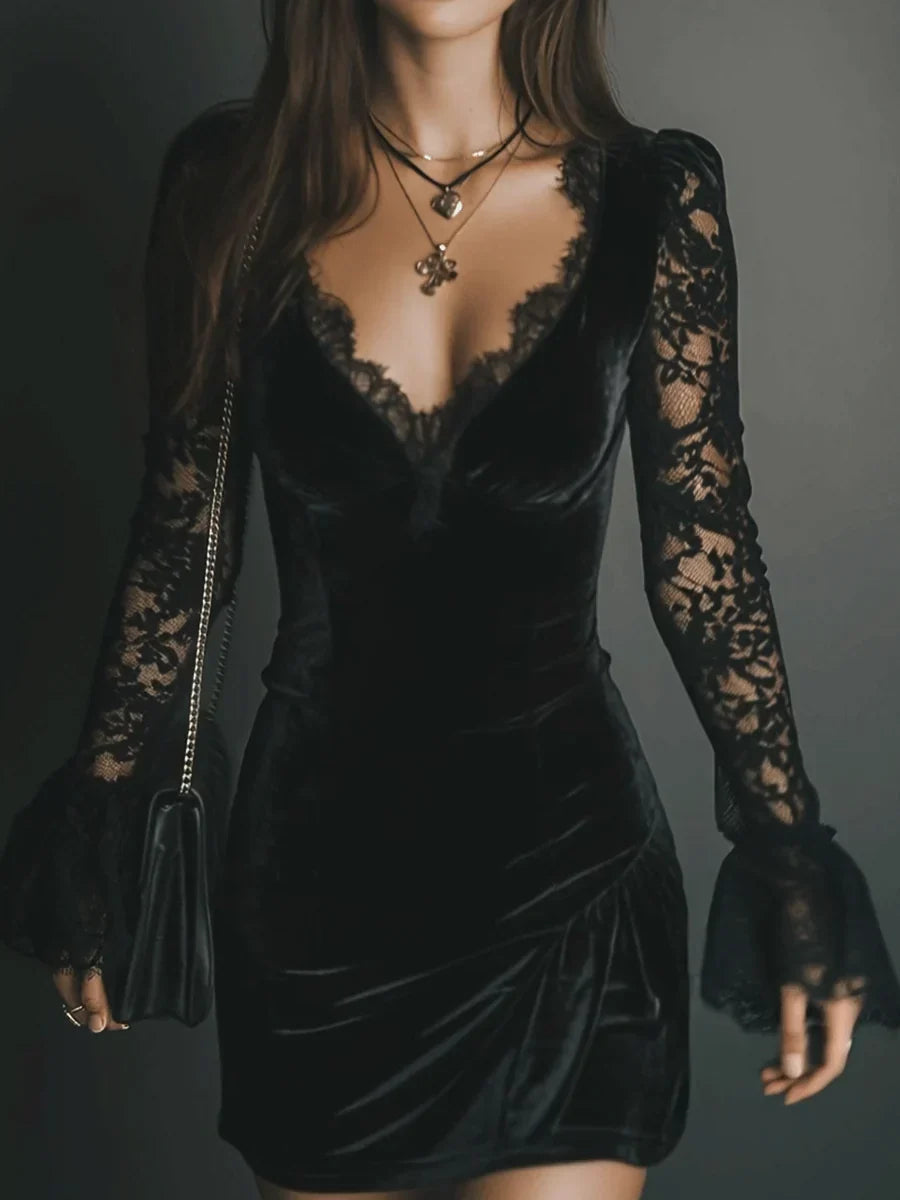 Florentine | Women's Velvet Ruched V-Neck Mini Dress