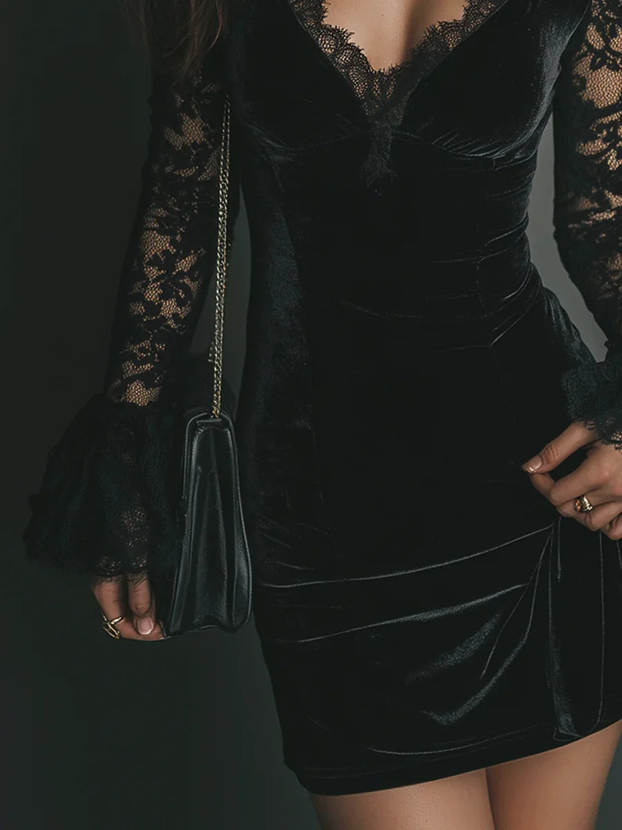 Florentine | Women's Velvet Ruched V-Neck Mini Dress